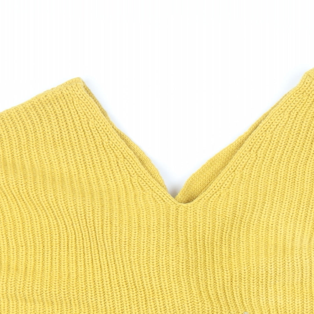 New Look Womens Yellow V-Neck Acrylic Pullover Jumper Size M - Back Detail