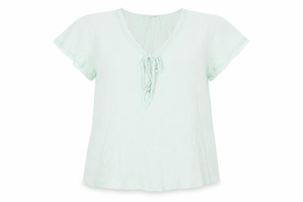 Marks & Spencer Womens Green Viscose Basic Blouse Size 14 V-Neck - Lace Trim