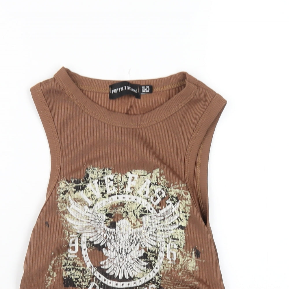 PRETTYLITTLETHING Womens Brown Polyester Basic Tank Size 10 Round Neck
