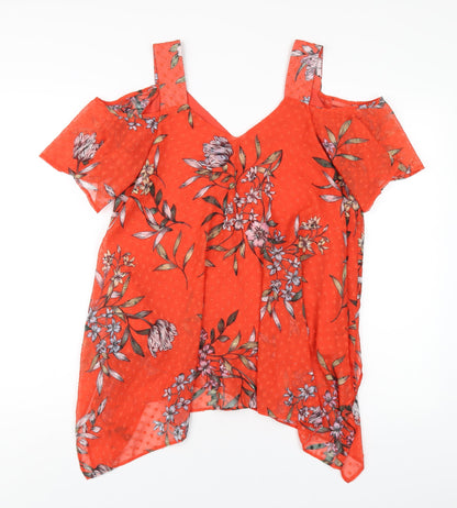 Additional front view of Roman women’s red floral polyester basic t-shirt, size UK 10, v-neck
