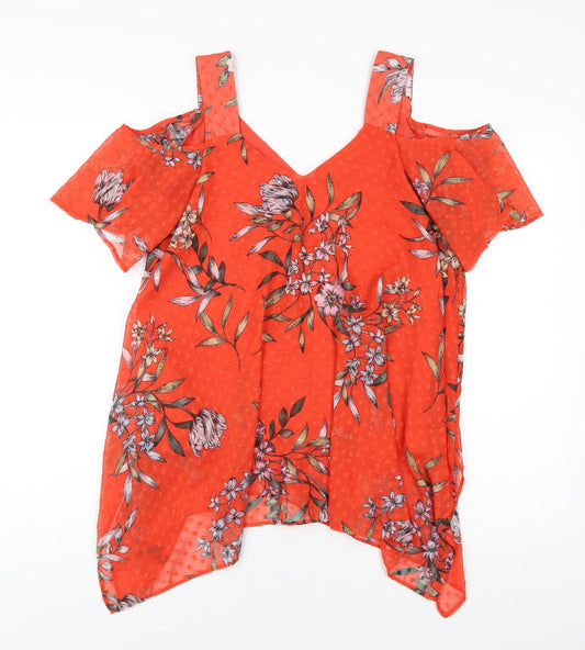 Roman Womens Red Floral Polyester Basic T-Shirt Size 10 V-Neck