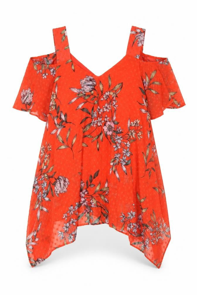 Roman Womens Red Floral Polyester Basic T-Shirt Size 10 V-Neck