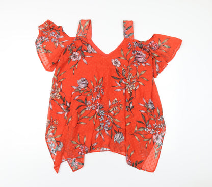 Back view of Roman women’s red floral polyester basic t-shirt, size UK 10, v-neck
