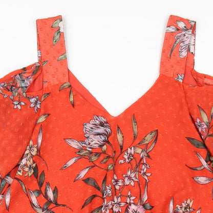 Close-up detail of Roman women’s red floral polyester basic t-shirt, size UK 10, v-neck