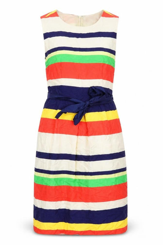Clements Ribeiro Womens Multicoloured Striped Linen A-Line Size 10 Round Neck Zip