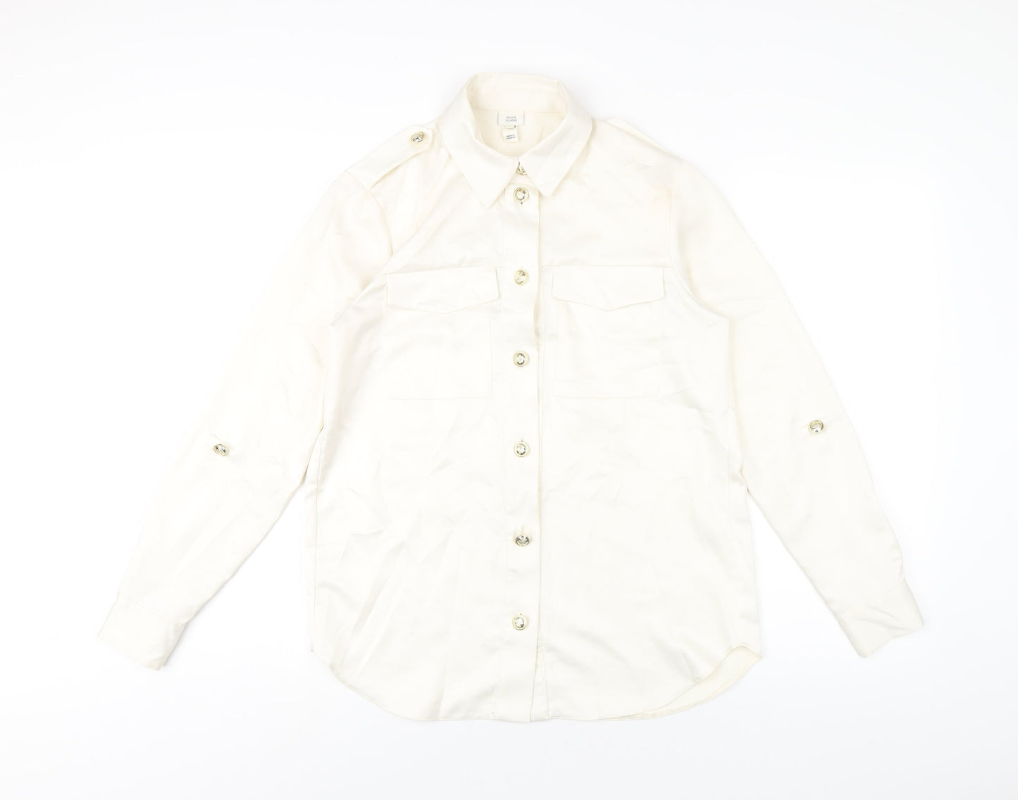 River Island Womens Ivory Polyester Basic Button-Up Size 6 Collared