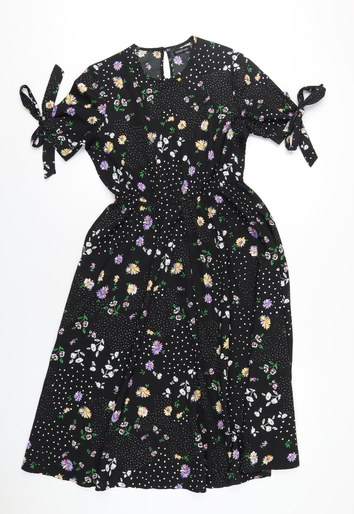 Boohoo Womens Black Floral Polyester A-Line Size 10 Round Neck Button
