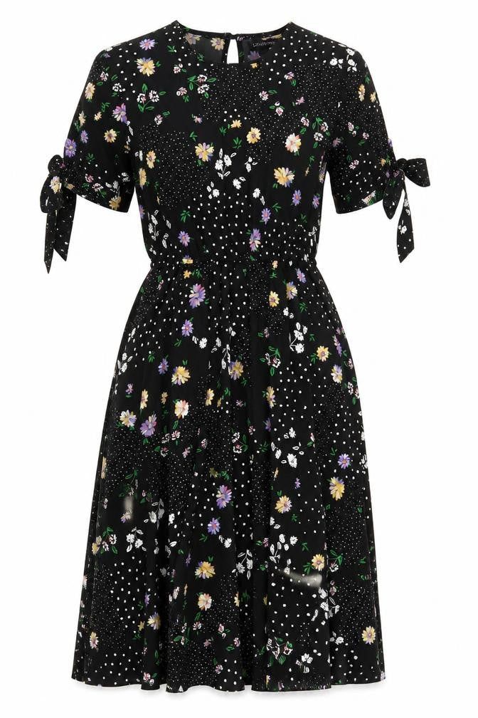Boohoo Womens Black Floral Polyester A-Line Size 10 Round Neck Button