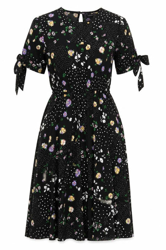 Boohoo Womens Black Floral Polyester A-Line Size 10 Round Neck Button