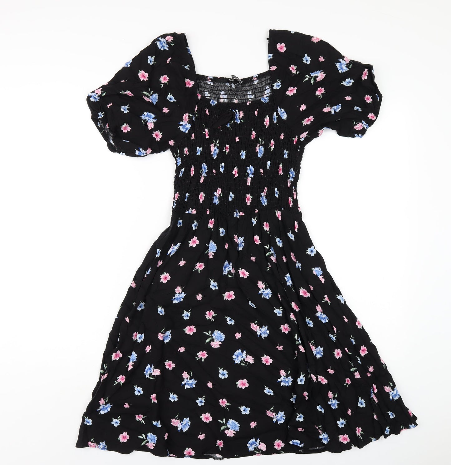 Select Womens Black Floral Viscose A-Line Size 8 Square Neck Pullover