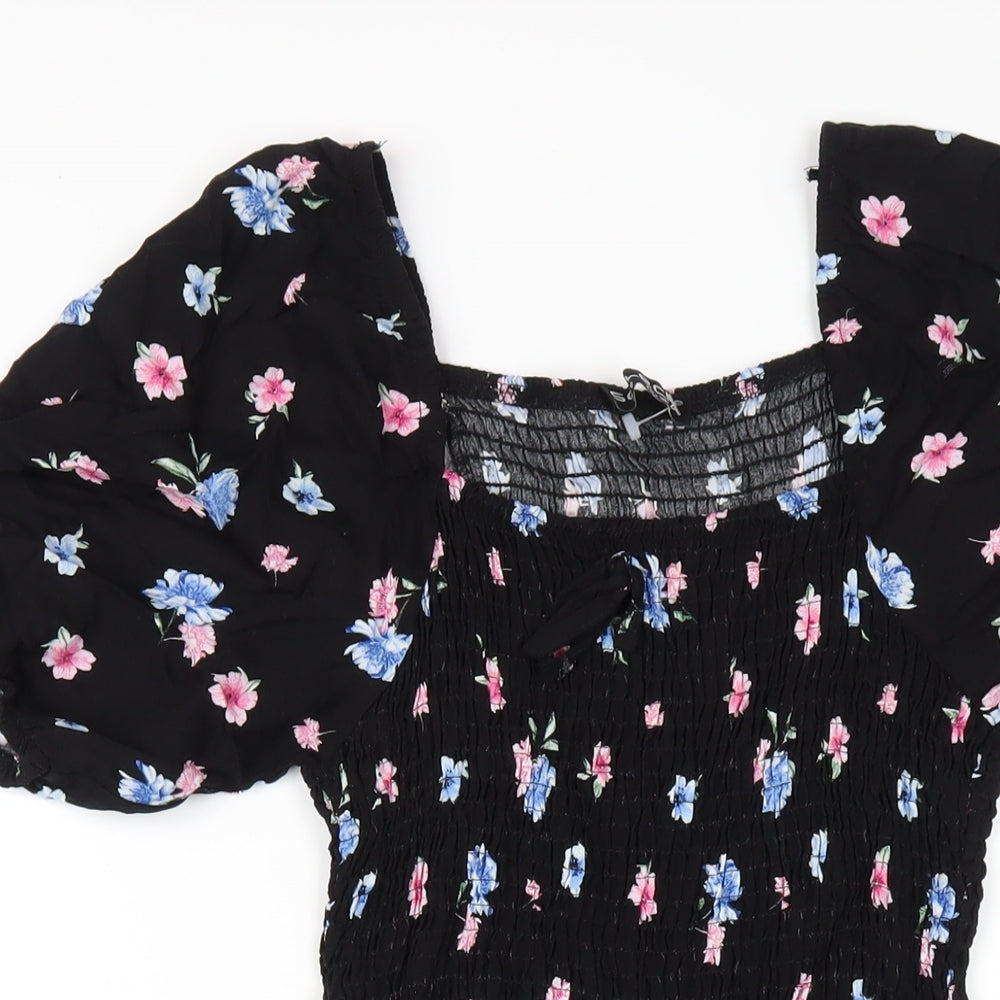 Select Womens Black Floral Viscose A-Line Size 8 Square Neck Pullover