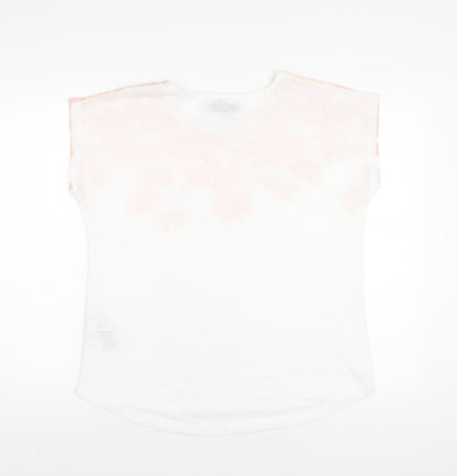 Bassini Womens White Floral Polyester Basic T-Shirt Size 14 Round Neck