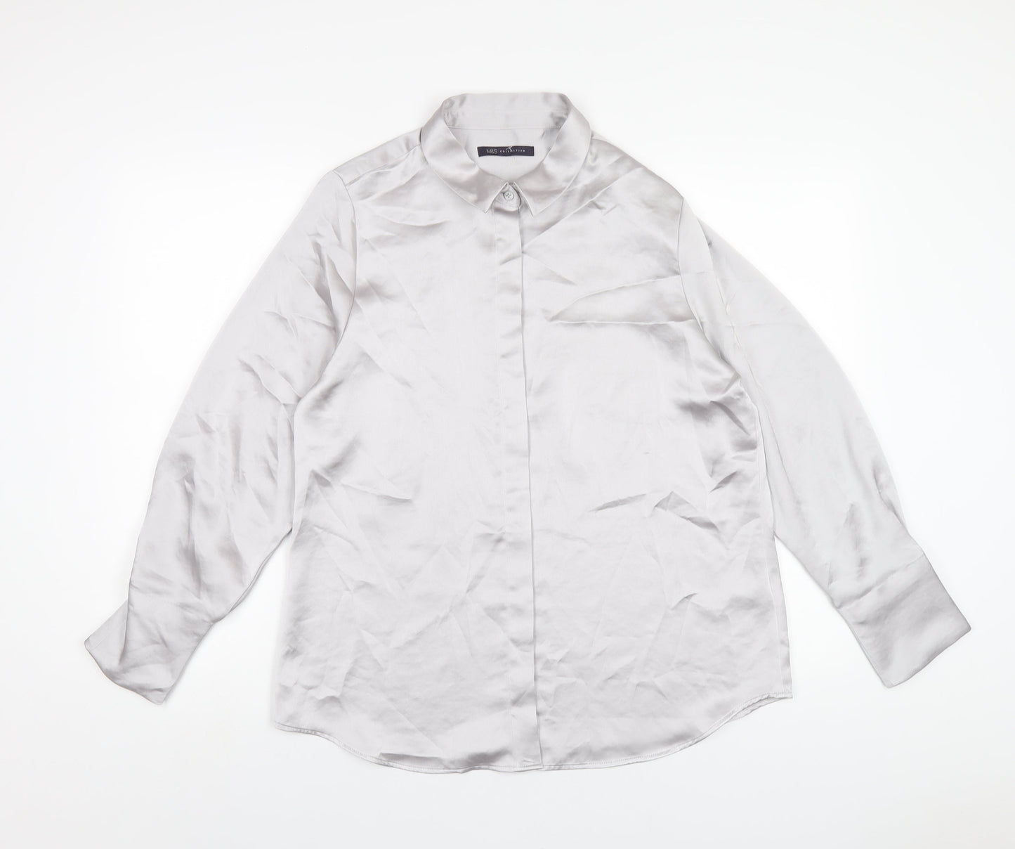 Marks and Spencer Womens Silver Polyester Basic Button-Up Size 14 Collared