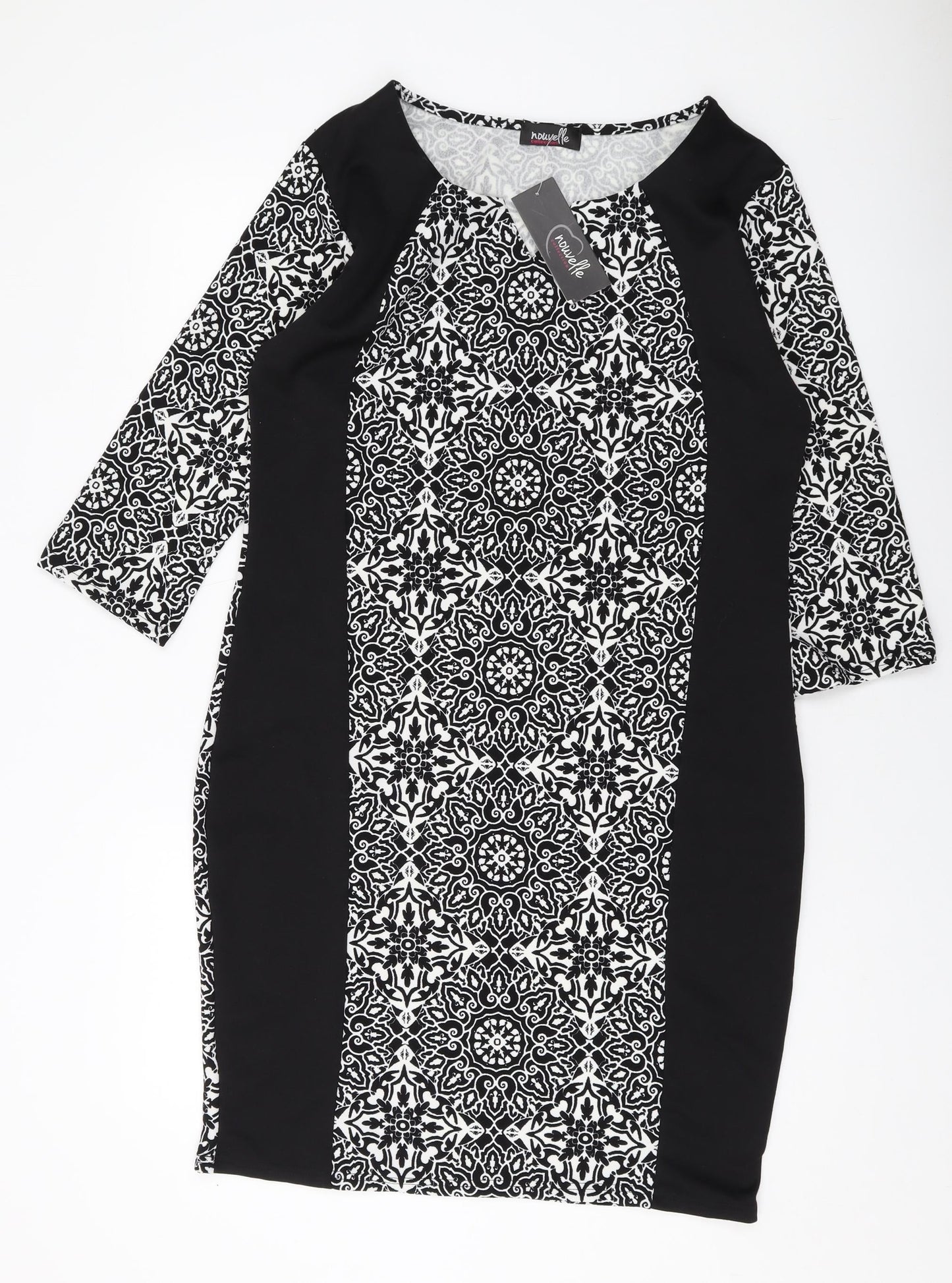 Nouvelle Womens Black Geometric Polyester Sheath Size 18 V-Neck Pullover