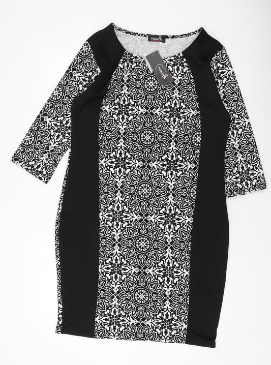 Nouvelle Womens Black Geometric Polyester Sheath Size 18 V-Neck Pullover