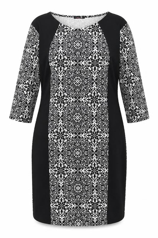 Nouvelle Womens Black Geometric Polyester Sheath Size 18 V-Neck Pullover