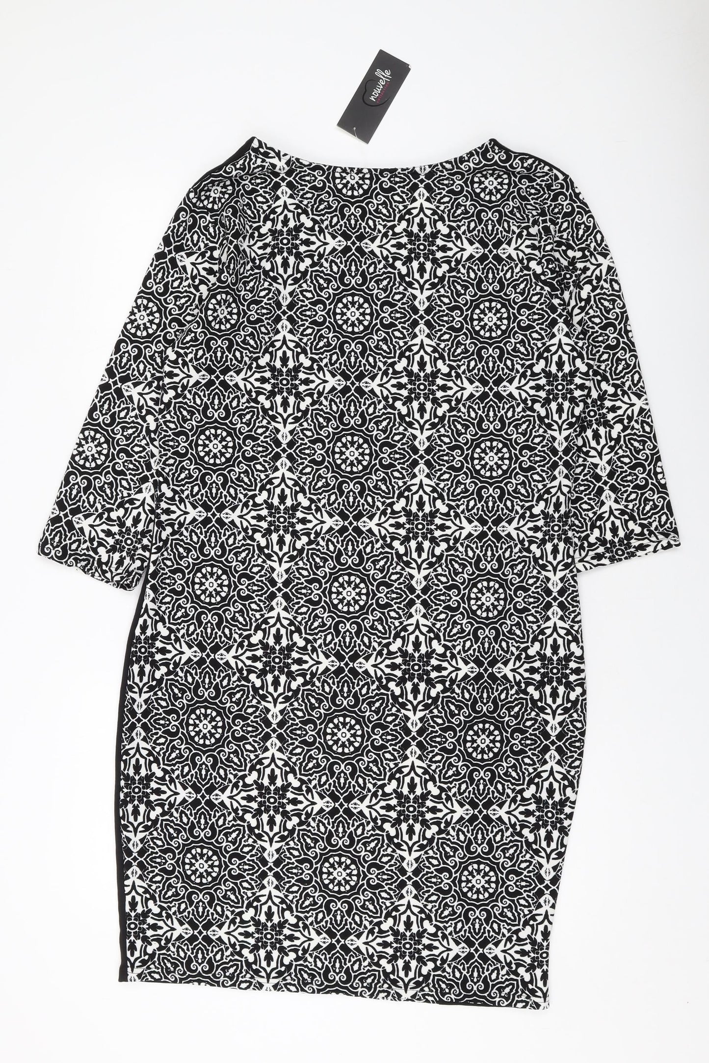 Nouvelle Womens Black Geometric Polyester Sheath Size 18 V-Neck Pullover