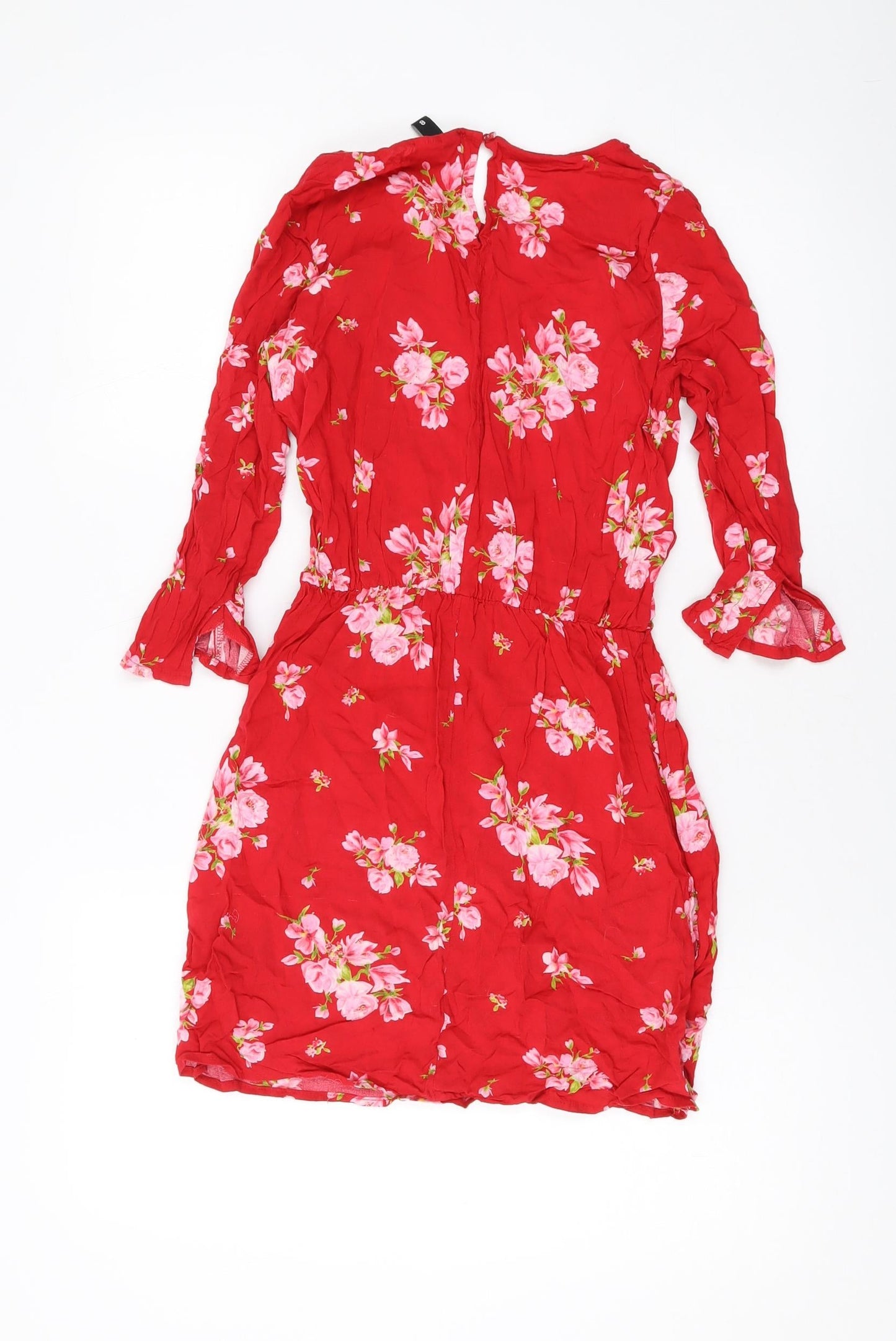 H&M Womens Red Floral Viscose Mini Size 8 Round Neck Button