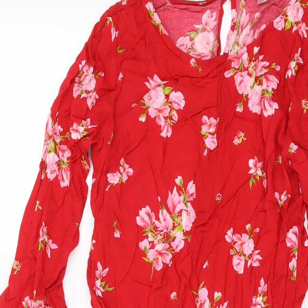 H&M Womens Red Floral Viscose Mini Size 8 Round Neck Button