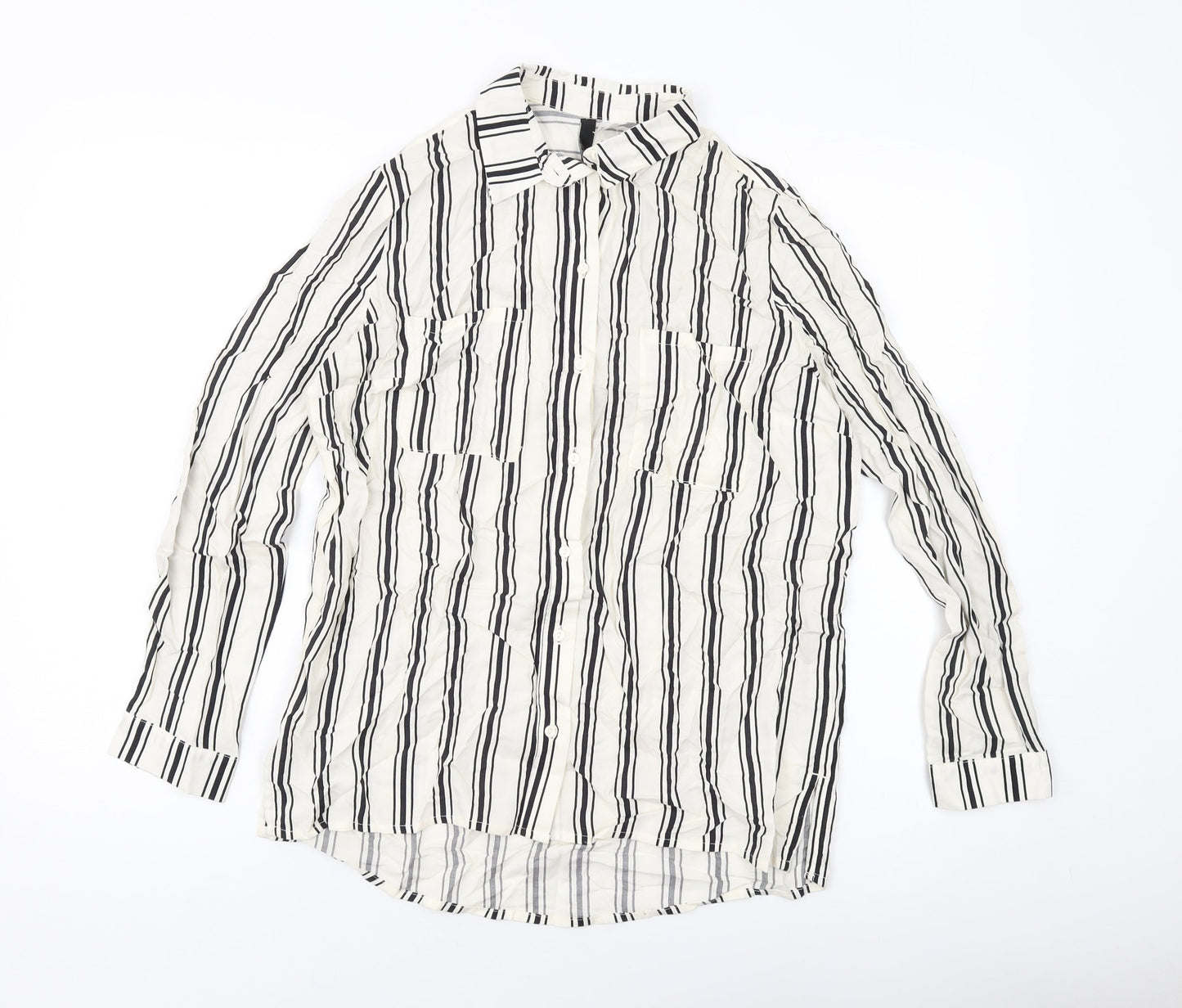 H&M Womens Beige Striped Viscose Basic Blouse Size 8 Collared