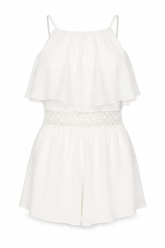 Front view of Miss Selfridge women’s white polyester playsuit one-piece, size UK 10, pullover