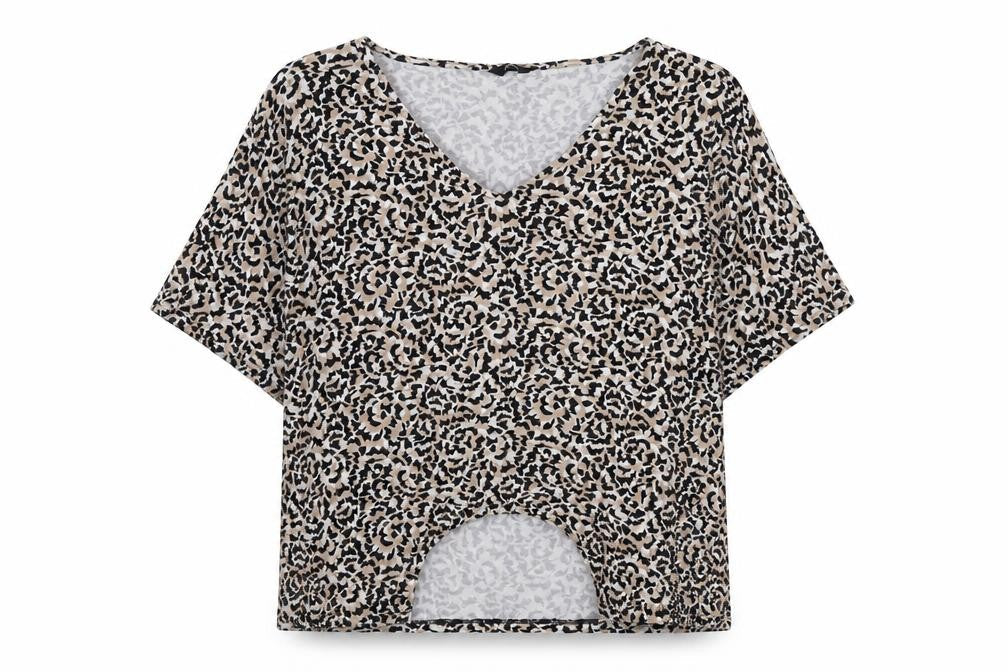 M&Co Womens Brown Animal Print Viscose Basic T-Shirt Size 18 Round Neck