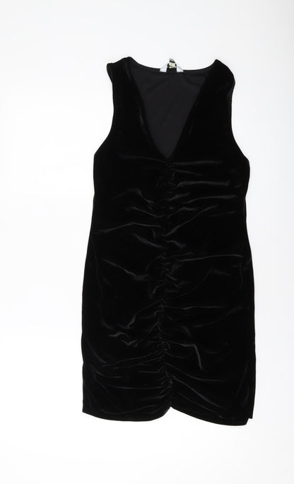 Additional front view of Miss Selfridge women’s black polyester mini, size UK 14, v-neck pullover