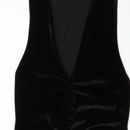 Close-up detail of Miss Selfridge women’s black polyester mini, size UK 14, v-neck pullover