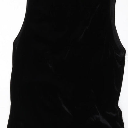 Brand and care label for Miss Selfridge women’s black polyester mini, size UK 14, v-neck pullover