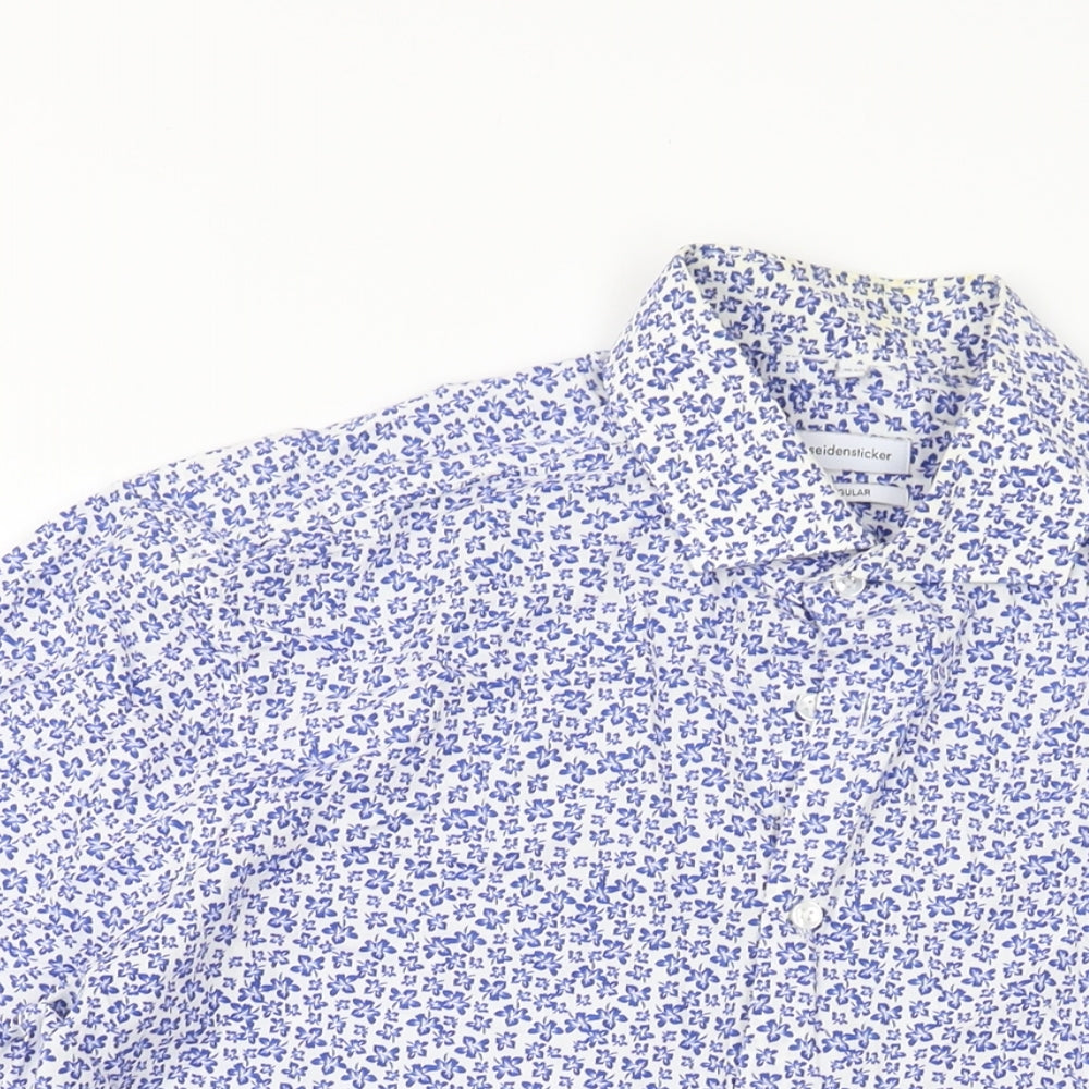 Seidensticker Mens Blue Floral Cotton Button-Up Size M Collared Button