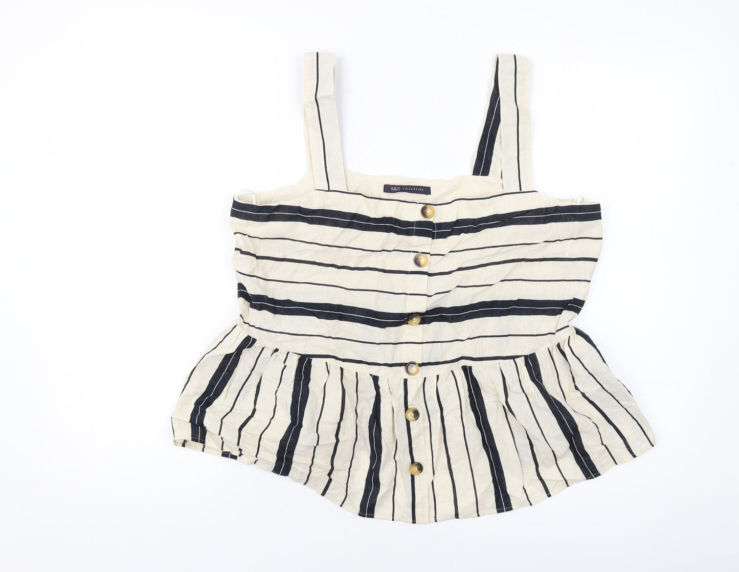 Marks and Spencer Womens Beige Striped Cotton Basic Tank Size 14 Square Neck