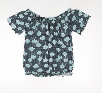 Next Womens Blue Geometric Cotton Basic Blouse Size 14 Boat Neck - Rouched Floral Print