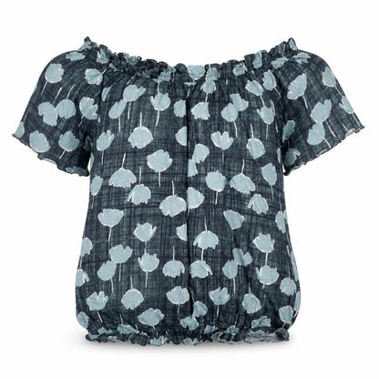 Next Womens Blue Geometric Cotton Basic Blouse Size 14 Boat Neck - Rouched Floral Print