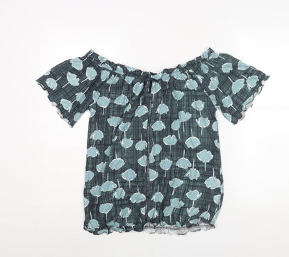 Next Womens Blue Geometric Cotton Basic Blouse Size 14 Boat Neck - Rouched Floral Print