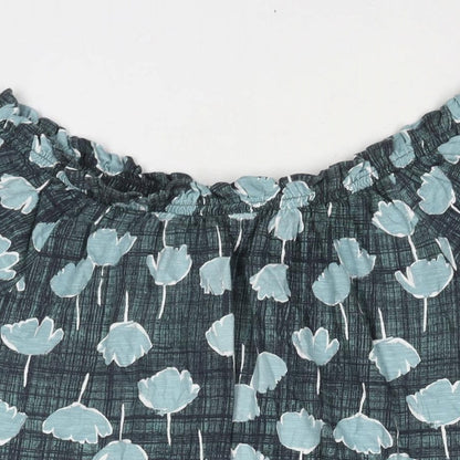 Next Womens Blue Geometric Cotton Basic Blouse Size 14 Boat Neck - Rouched Floral Print