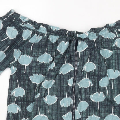 Next Womens Blue Geometric Cotton Basic Blouse Size 14 Boat Neck - Rouched Floral Print