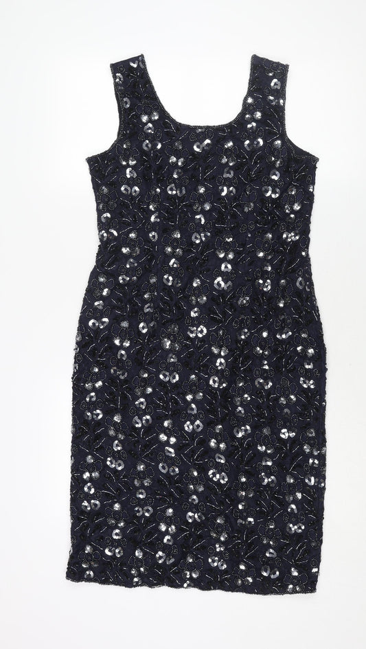 Sensations Womens Blue Geometric Nylon Shift Size 12 Scoop Neck Zip - Sequin