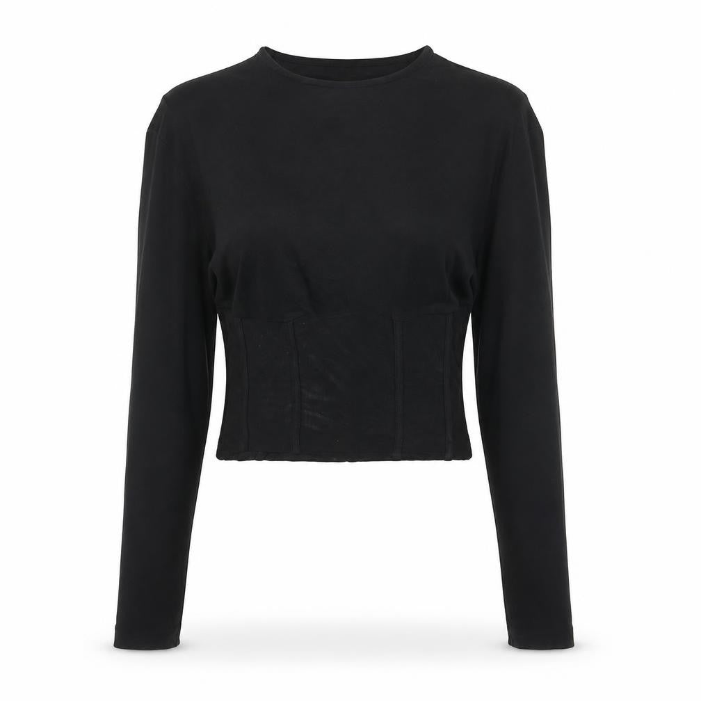 ASOS Womens Black Polyester Cropped Blouse Size 8 Round Neck - Corset Style Mesh Panel