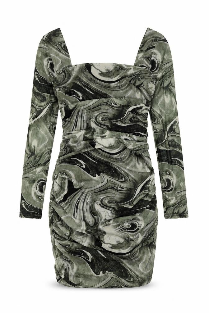 Pink Vanilla Womens Green Geometric Polyester Mini Size 8 Square Neck Pullover - Rouched Marble Print