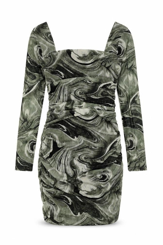 Pink Vanilla Womens Green Geometric Polyester Mini Size 8 Square Neck Pullover - Rouched Marble Print