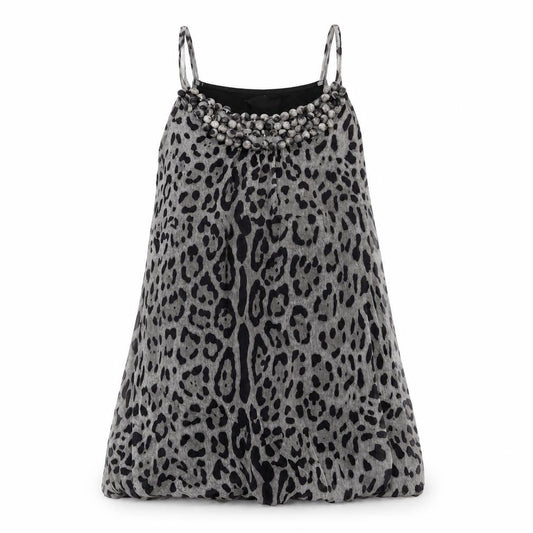 AX Paris Womens Grey Animal Print Polyester Mini Size 14 Scoop Neck Pullover - Jaguar Print Button Neckline