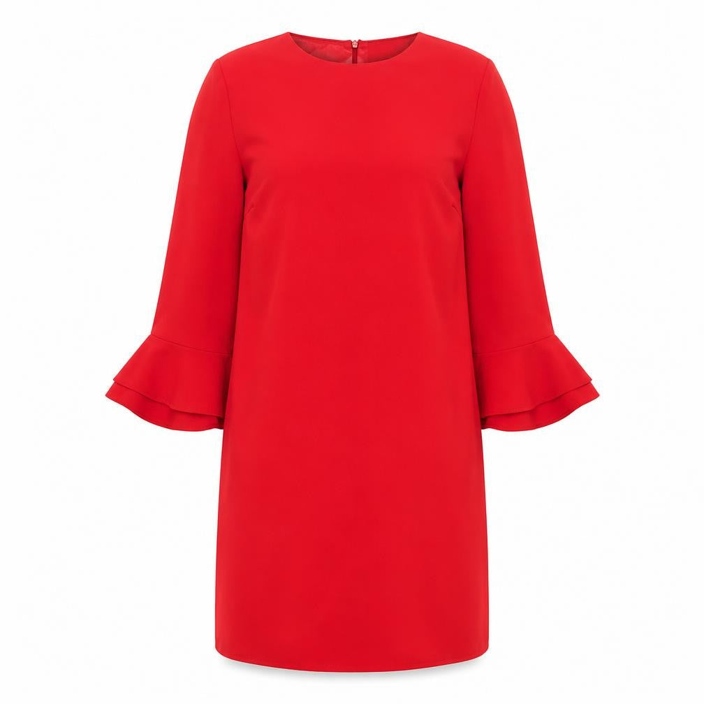Sosandar Womens Red Polyester Shift Size 14 Round Neck Zip - Bell Sleeve Pockets