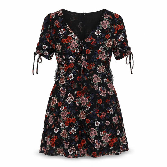 New Look Womens Black Floral Polyester A-Line Size 10 V-Neck Zip - Frill Lace Trim Drawstring
