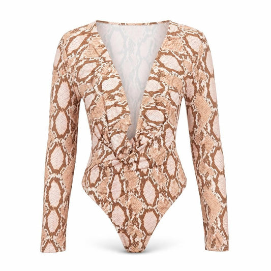Front view of Misguided women’s beige animal print polyester bodysuit one-piece, size UK 4, snap - plunge neck