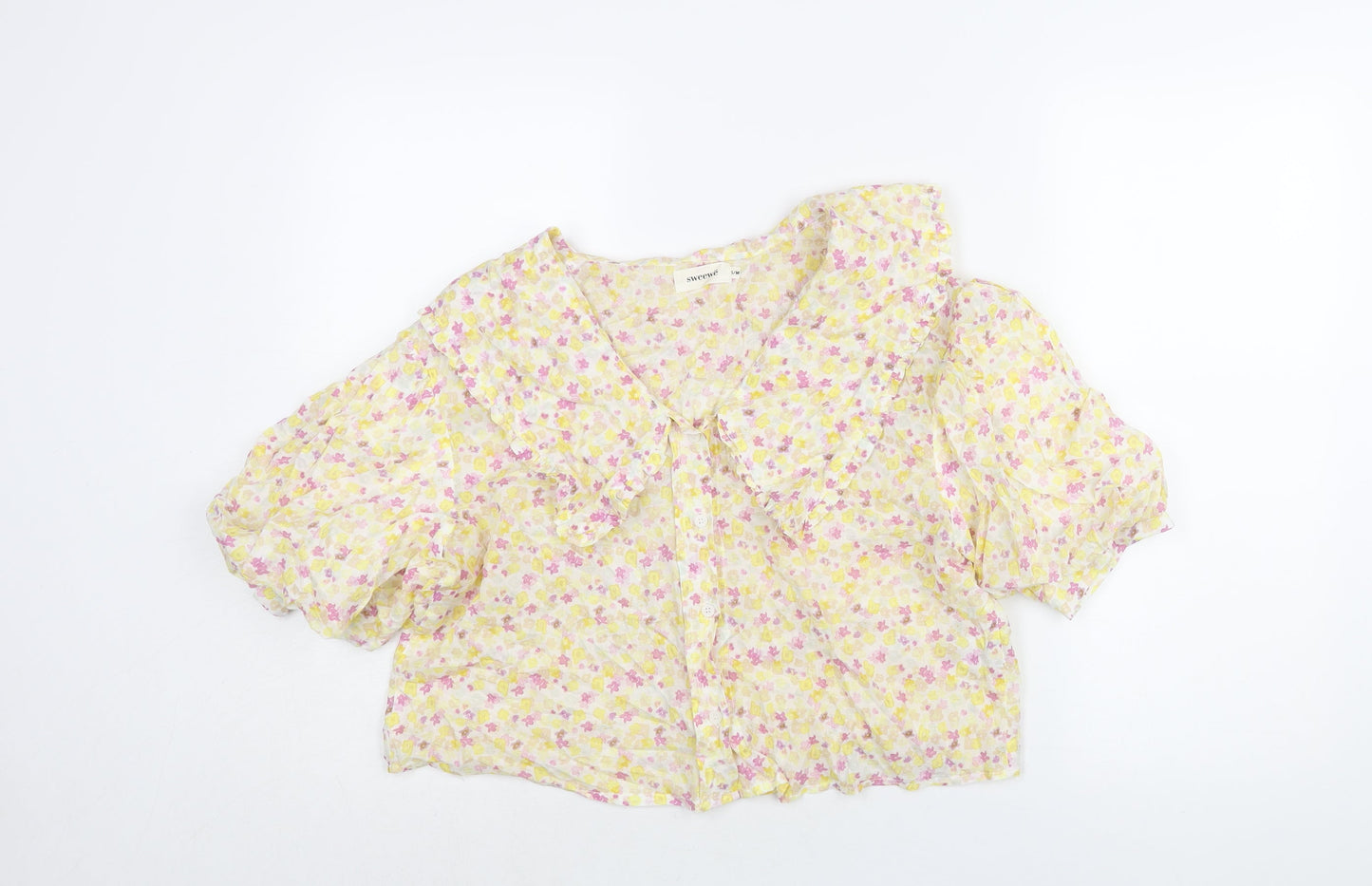 Sweewë Womens Yellow Floral Polyester Basic Blouse Size S Collared - Frill Size S-M