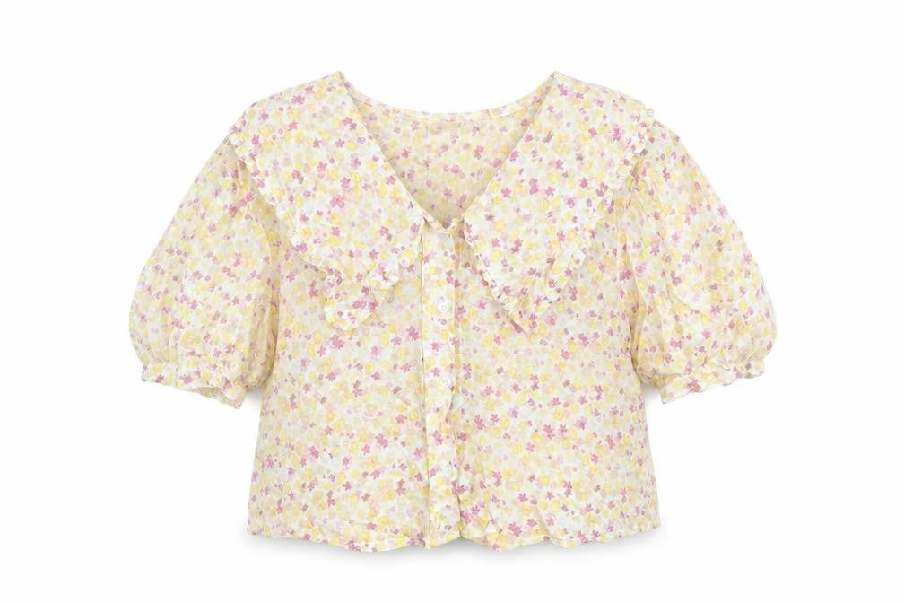 Sweewë Womens Yellow Floral Polyester Basic Blouse Size S Collared - Frill Size S-M