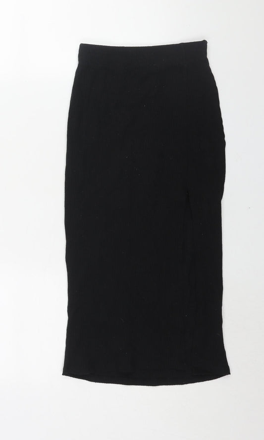 Stradivarius Womens Black Polyester Straight & Pencil Skirt Size XS - Front Slit Ribbed