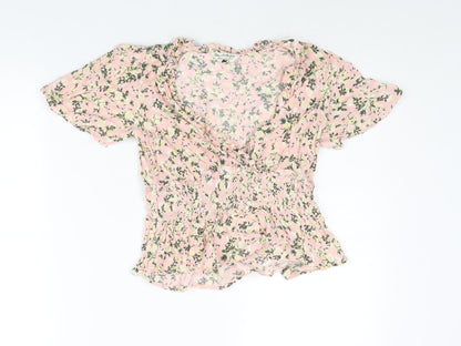 Additional front view of Miss Selfridge women’s pink floral viscose basic blouse, size UK 6, v-neck - peplum