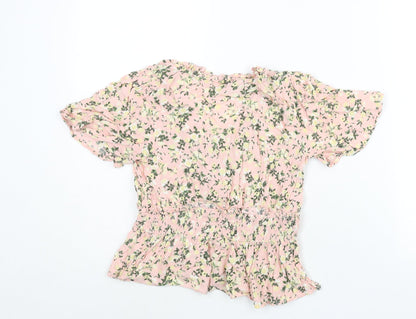 Back view of Miss Selfridge women’s pink floral viscose basic blouse, size UK 6, v-neck - peplum