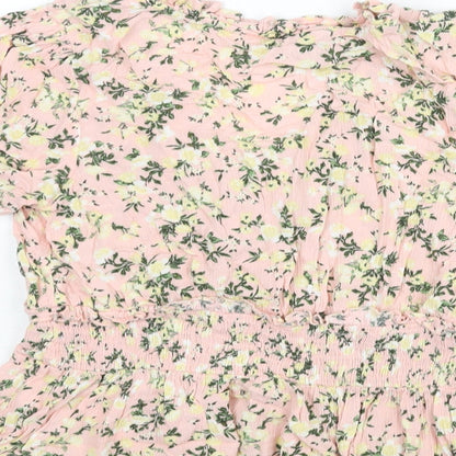 Brand and care label for Miss Selfridge women’s pink floral viscose basic blouse, size UK 6, v-neck - peplum